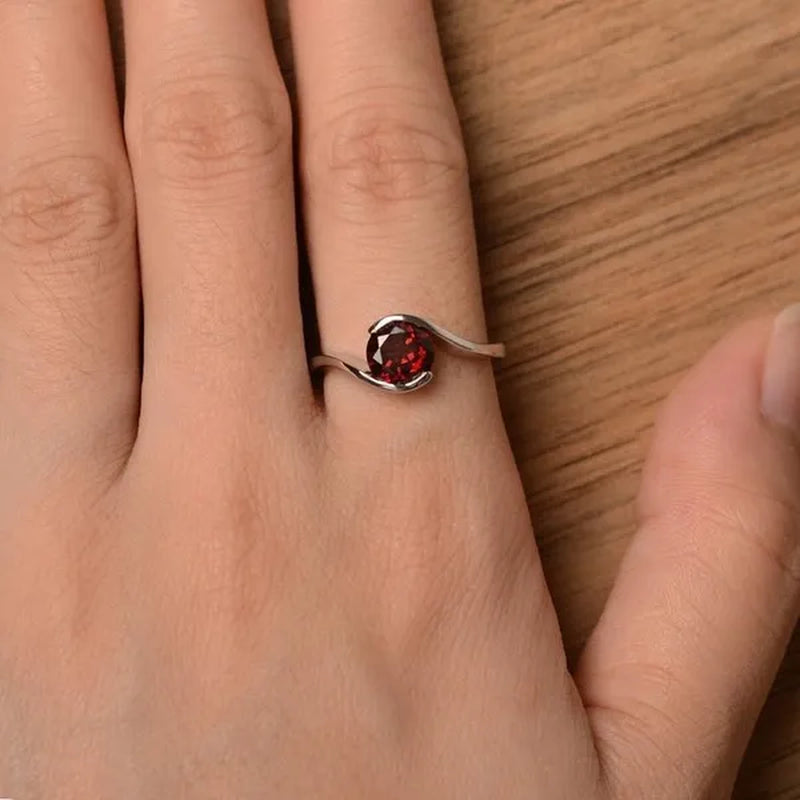 Silver Natural Garnet Ring Promise Engagement Ring Round Cut Sterling Silver Ring Solitaire January Birthstone Red Gemstone Ring