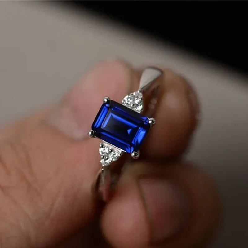 7*9mm Aquamarine/Sapphire 925 Sterling Silver Engagement Wedding Ring for Women Girl Size 6-10