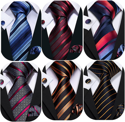 6 PCS Men Ties Set Silk Business Fashion Woven Necktie Handkerchief Cufflinks Paisley Stripe Wedding Party