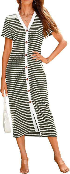 Women Casual Summer Dresses Short Sleeve Striped Midi Dresses Decorative Button Ribbed Knit Dresses Party Dresses