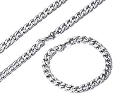 24''+8.5'' Silver stainless steel curb chain necklace and bracelet jewelry set for Mens