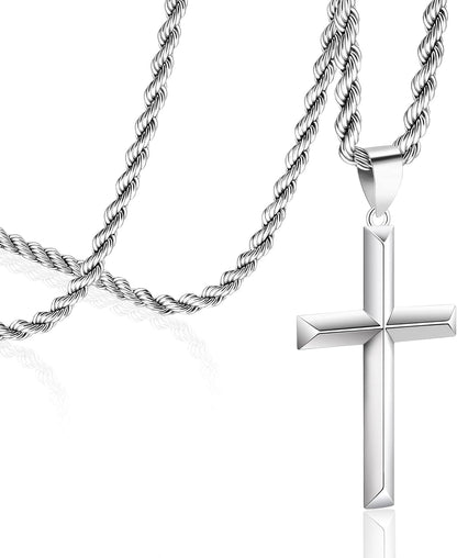 925 Sterling Silver Cross Necklace for Men with 3.5Mm Stainless Steel Twist Clasp Rope Chain Necklace Beveled Edge Cross Pendant Necklace for Men Women 16-28 Inches