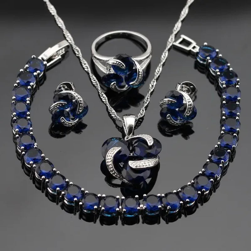 Delightful 925 Sliver Jewelry Sets Blue Zircon Necklace Pendant Earring Ring Bracelet for Women Dating Gift