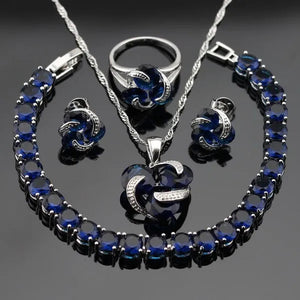 Delightful 925 Sliver Jewelry Sets Blue Zircon Necklace Pendant Earring Ring Bracelet for Women Dating Gift