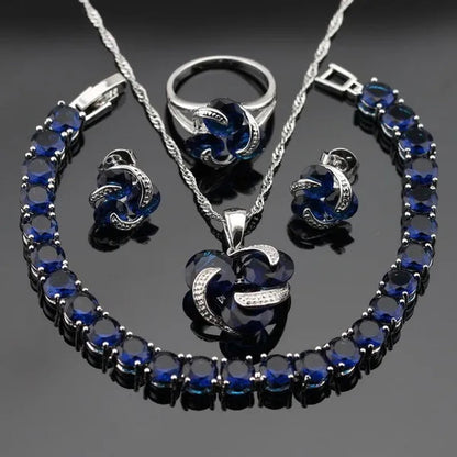 Delightful 925 Sliver Jewelry Sets Blue Zircon Necklace Pendant Earring Ring Bracelet for Women Dating Gift