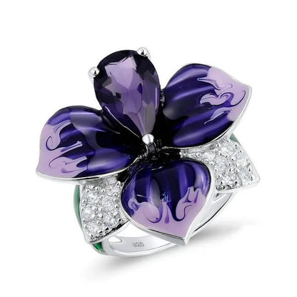 New Fashion Butterfly Flower Ring Jewelry Women 9Natural Gemstone Amethyst Ring Anniversary Christmas Gift Bridal Engagement Wedding Ring Size US5-11