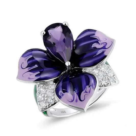 New Fashion Butterfly Flower Ring Jewelry Women 9Natural Gemstone Amethyst Ring Anniversary Christmas Gift Bridal Engagement Wedding Ring Size US5-11