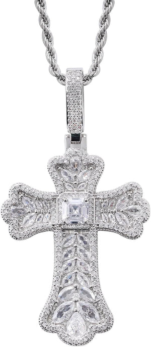 Gothic Colorful Iced Out Cross Pendant with 20" Stainless Steel Rope Chain, Heavyweight Oversized Design, 14K Gold Plated, 5A CZ Stones, Hip-Hop Religious Jewelry for Men & Women