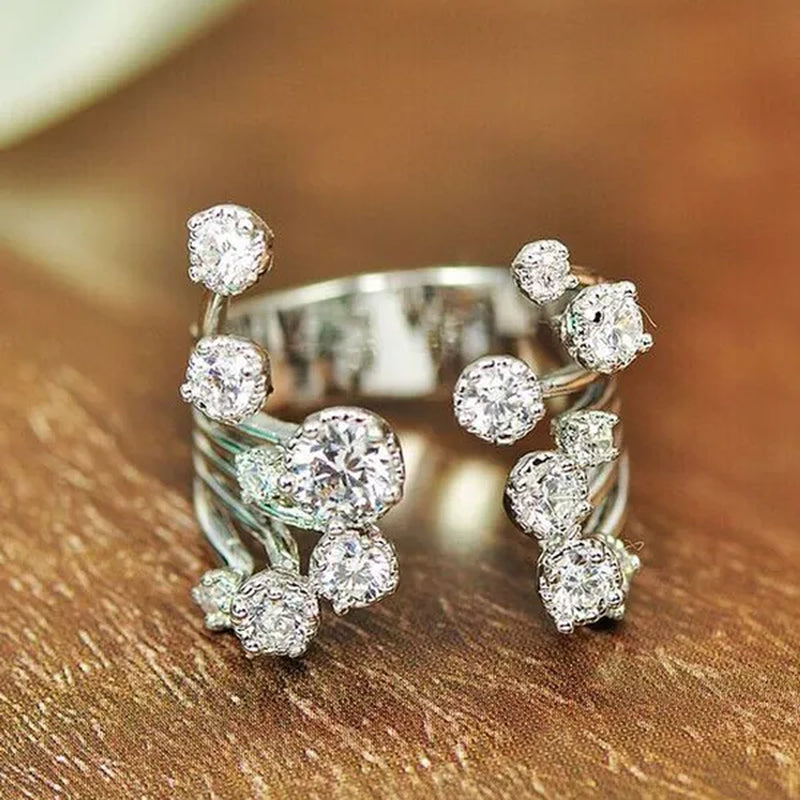 Luxurious Silver Natural Gemstones White Sapphire Wedding Birthstone Bride Flower Engagement Ellipse Princess Open Ring Jewelry Size 6 7 8 9 10
