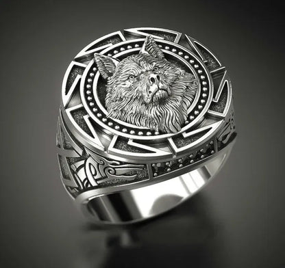 Vintage Embossed Antique Wolf Head Ring Men's Gothic Viking Steampunk Hip Hop Engraved Animal Pattern Ring Party Club Gift