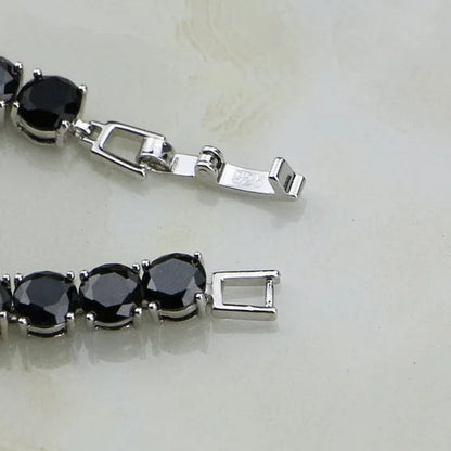 925 Sterling Silver Jewelry Black Sapphire White Topaz round Link Chain Bracelet 7 Inch for Women Wedding Free Gift Box