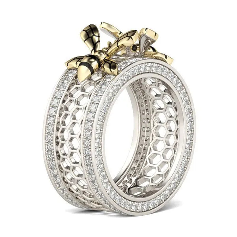 Unique Two Bee Honeycomb Sterling Silver Women's Band Natural White Sapphire Diamond Ring Women's Anniversary Christmas Gift Size 5-11