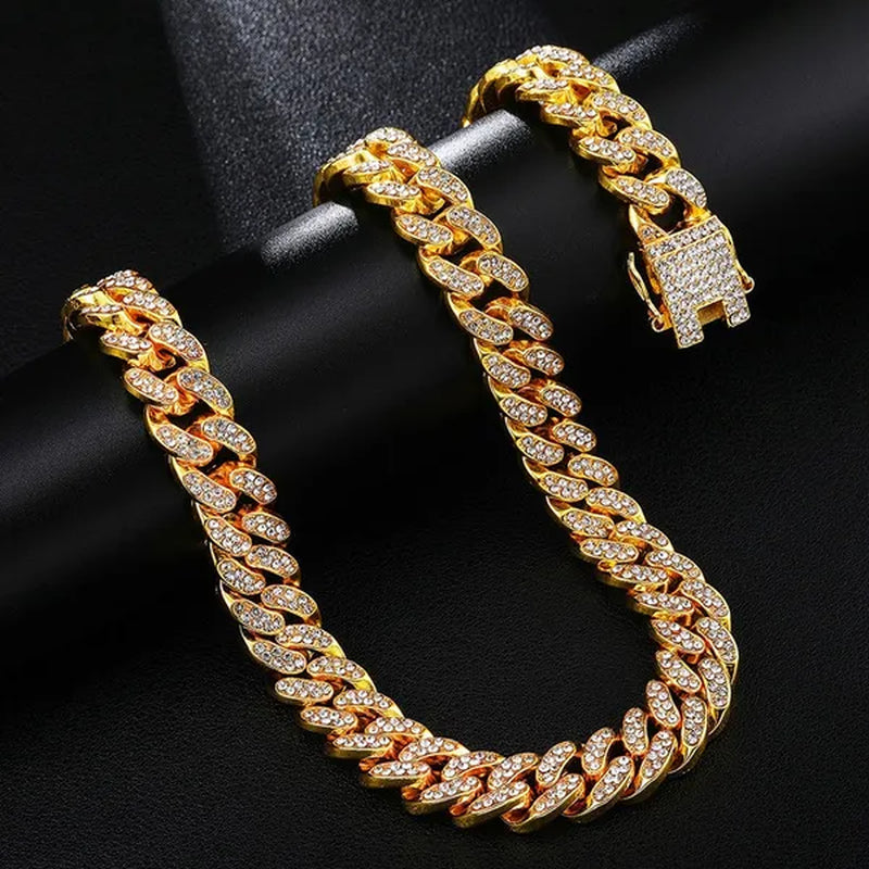 13MM Men's Hip Hop Necklace or Bracelet,Iced Out Bling Rhinestones Miami Cuban Link Chain Necklace Bracelet Set Jewelry Gifts