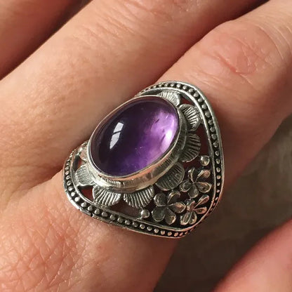 Exquisite Woman Fashion Vintage Wide Edge Engraved Flower Ring Natural Amethyst Gemstone Ring Engagement Party Bride Wedding High Jewelry Christmas Valentine'S Day Gift Ring Size US4-12