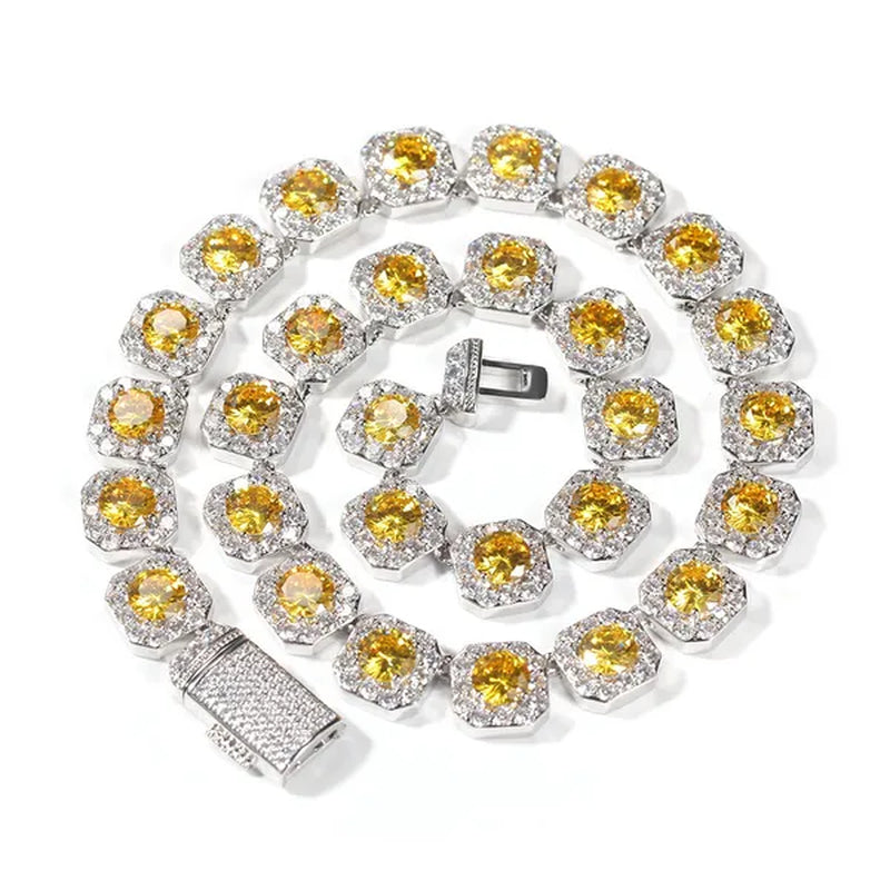 Hip-Hop Copper Inlaid Zircon Crystal Sugar Necklace Hipster Personality Pink Yellow Diamond Necklace for Men and Women with the Same Paragraph