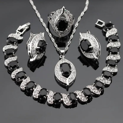 925 Sliver Jewelry Sets Black Zircon White Topaz Necklace Pendant Hoop Earring Ring Bracelet For Women  Dating Gift