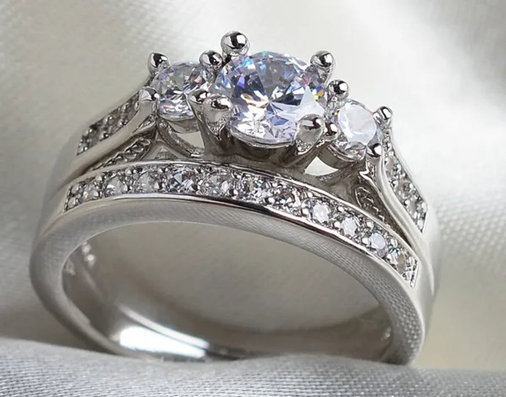 Sz6-9 10kt Wedding&Engagement Ring Bridal set White Gold Filled Three Stone CZ Lady Band