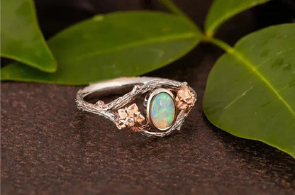 Antique Silver Women'S Vintage Two Tone Silver & Rose Gold Twig and Rose Gold Flowers Opal Ring Anniversary Gift Engagement Bridal Wedding Jewelry Rings Size 5-10