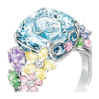 Unique Flower  Silver Multicolor Gemstone Aquamarine Square Princess Ring Woman Engagement Ring Anniversary Statement Natural Gemstones Pink Sapphire Ring