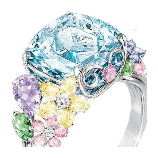 Unique Flower Silver Multicolor Gemstone Aquamarine Square Princess Ring Woman Engagement Ring Anniversary Statement Natural Gemstones Pink Sapphire Ring