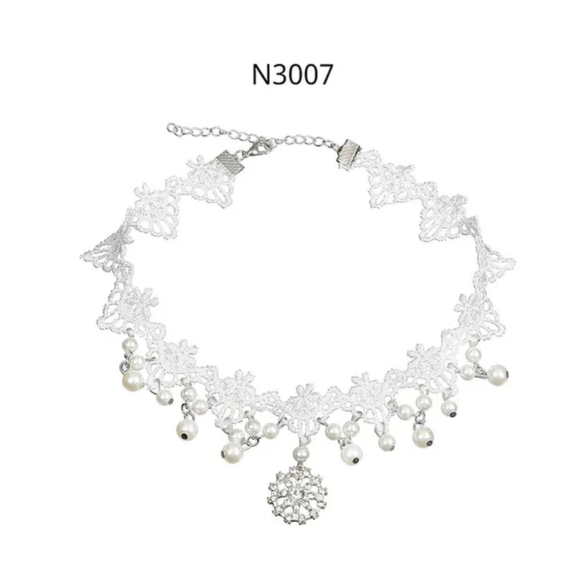 White Lace Necklace Chokers Black Collares Vintage Style Female Gothic Wedding Red Rose Crystal Diamond Pendant Collarbone Necklaces Chain Accessories for Women Girls - WORLD TIME VISITS