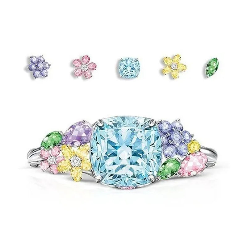 Unique Flower  Silver Multicolor Gemstone Aquamarine Square Princess Ring Woman Engagement Ring Anniversary Statement Natural Gemstones Pink Sapphire Ring