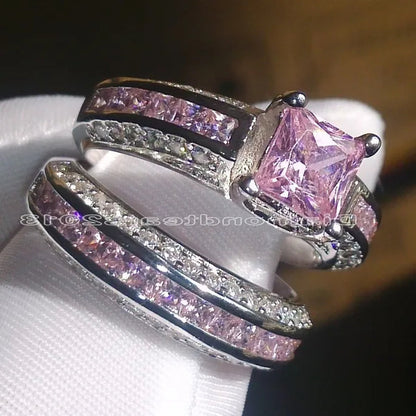 2Pcs/Set 925 Silver Plated Pink Purple White Sapphire CZ Wedding Set Rings Size 6-11  (Choice Color and Size )