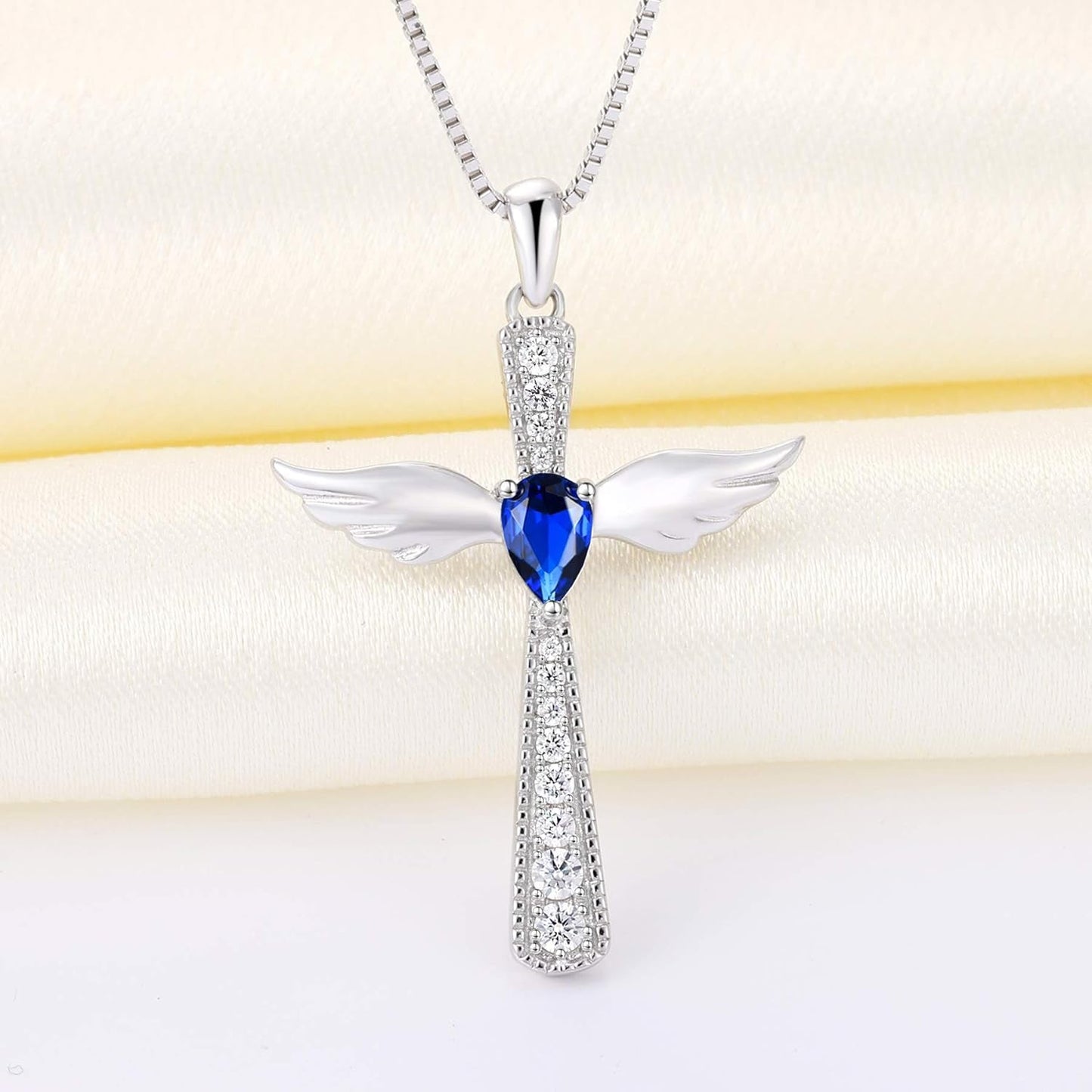 Cross Necklace 925 Sterling Silver Angel Wings Pendant Teardrop Cubic Zirconia Criss Jewelry