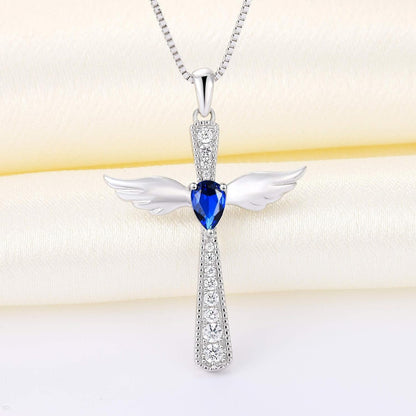 Cross Necklace 925 Sterling Silver Angel Wings Pendant Teardrop Cubic Zirconia Criss Jewelry