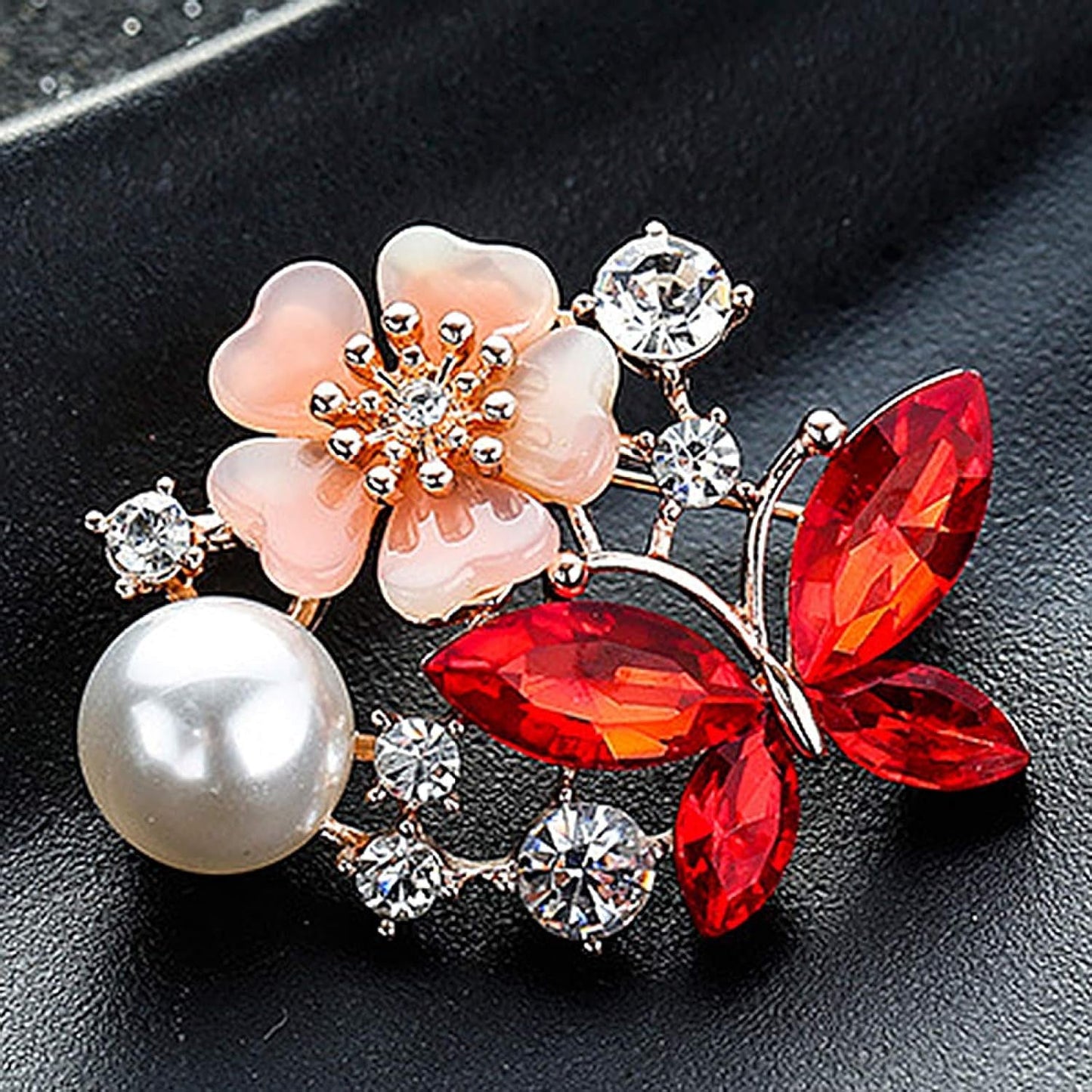 Women Faux Quartz Butterfly Flower Imitation Pearl Brooch Pin Lapel Clip Decoration Festival Birthday Gift- Rose Gold Festival Birthday Gift- Red