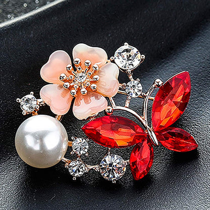 Women Faux Quartz Butterfly Flower Imitation Pearl Brooch Pin Lapel Clip Decoration Festival Birthday Gift- Rose Gold Festival Birthday Gift- Red