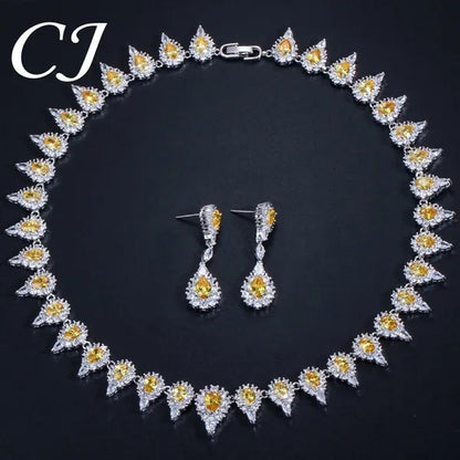 CANDICE Stunning Pave Yellow Citrine Luxury Jewelry Pear Shape CZ Crystal Choker Necklace And Earrings Bride Set for Women Party Wedding Accessories