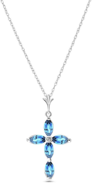 1.1 Carat 14K Solid White Gold Necklace with Genuine Diamond and Blue Topaz Cross Pendant