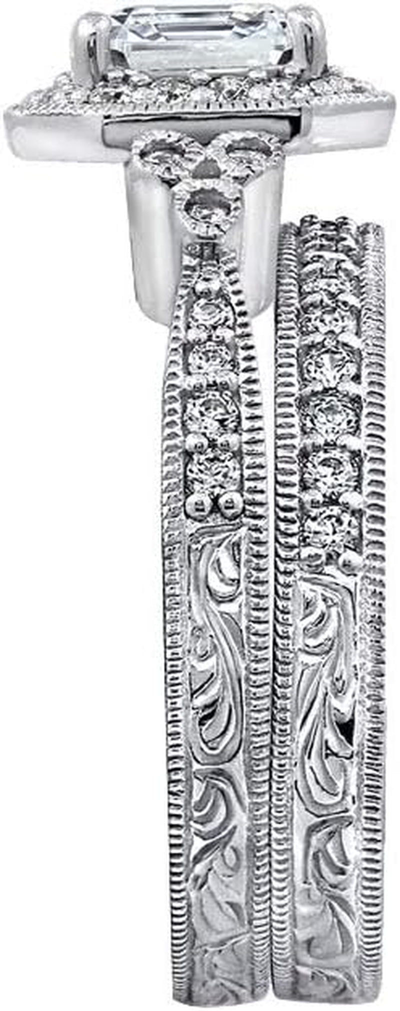 Platinum or Gold Plated Sterling Silver Antique Ring Set with Asscher-Cut Infinite Elements Cubic Zirconia (Previously Amazon Collection)