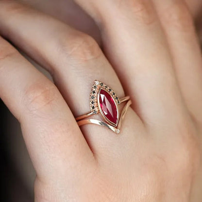 Unique Natural Rhombus 2 in 1 Ruby Engagement  Ring Marquise Bridal  Wedding Ring With Black Diamonds Women Ruby Ring Diamond Fine Jewelry Set （size 5-11）