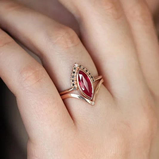 Unique Natural Rhombus 2 in 1 Ruby Engagement Ring Marquise Bridal Wedding Ring with Black Diamonds Women Ruby Ring Diamond Fine Jewelry Set （Size 5-11）