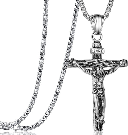 Jesus Christ on INRI Crucifix Cross Pendant Necklace for Teens Womens Mens with 24 Inch Stainless Steel Chain