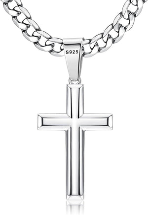 925 Sterling Silver Cross Necklace for Men Women | 5Mm 316L Stainless Steel Diamond-Cut Cuban Link Curb Chain, Beveled-Edge Religous Pendant Jewelry, 16-30'' Christian Baptism Gift