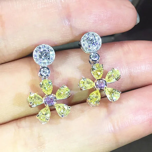 Charming Citrine Topaz Flower Dangle Earrings for Women Party Silver Plated Diamond Earrings Jewelry Gifts