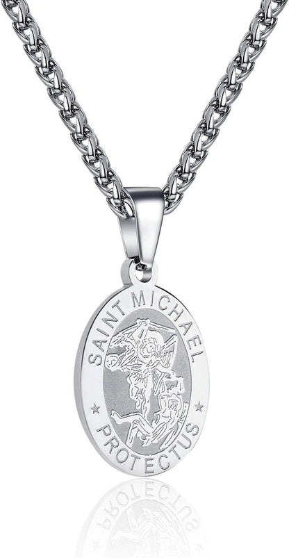 Saint Christopher/Joseph/Anthony/Jude/Michael Necklace Medal for Men Boys，St Christopher Pendant Medallion with Chain 24 Inches