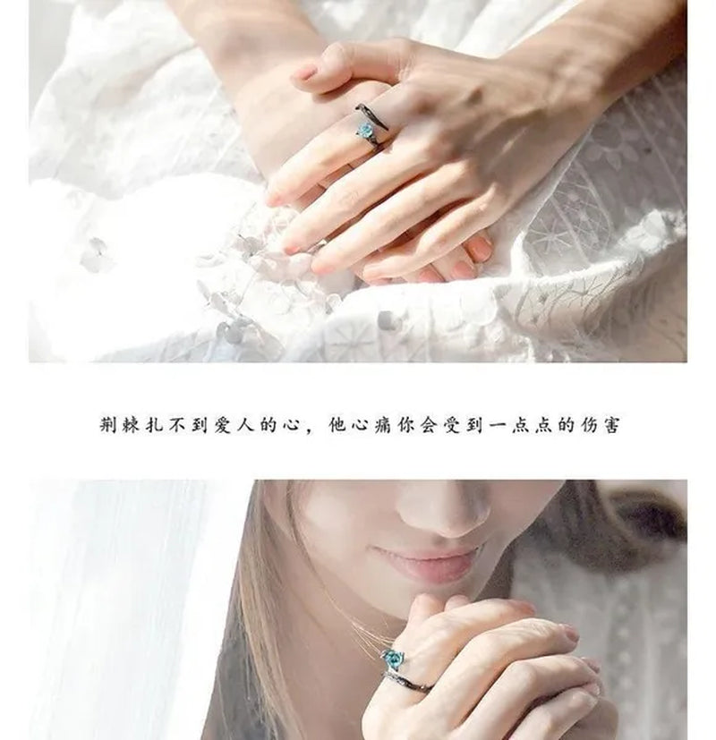 Black Rose Bud Creative Lovers Silver Ring and Ring Thorn Personality Opening Lovers Ring Couple Ring