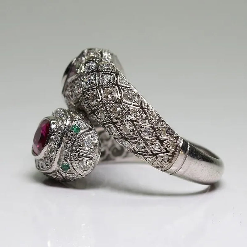 Antique Art Deco 925 Sterling Silver Ruby & White Sapphire Snake Ring Size 5 6 7 8 9 10 11 12