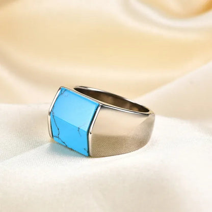 Vintage Men's Single Turquoise Ring Stainless Steel Personality Roof Shaped Gemstone Rings jewelry Gift for Business Elite Boyfriend Dad