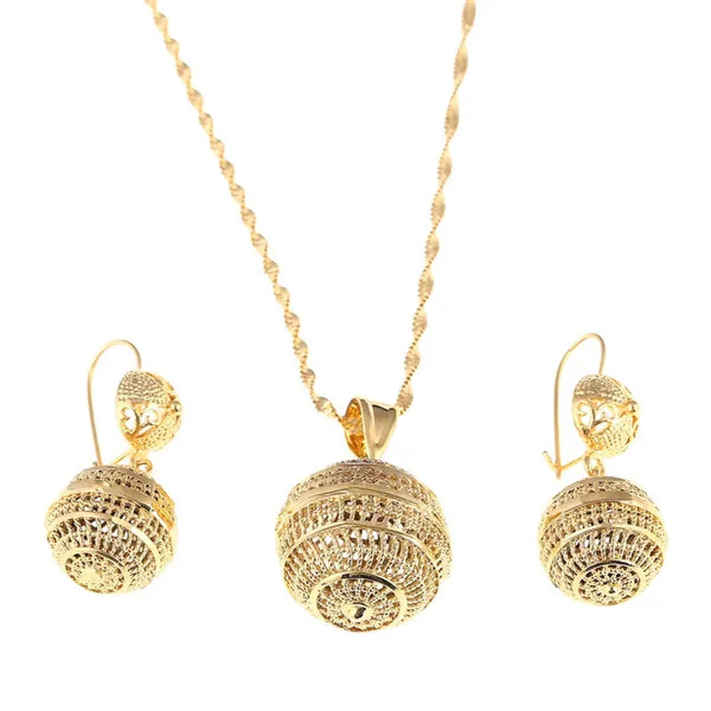 Hot Sale 24k Gold Jewelry Set Necklace Earrings Pendant Fashion African Round Beads Jewelry For Women