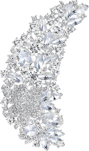 5 Inch Bridal Silver-Tone Flower Bouquet Brooch Austrian Crystal