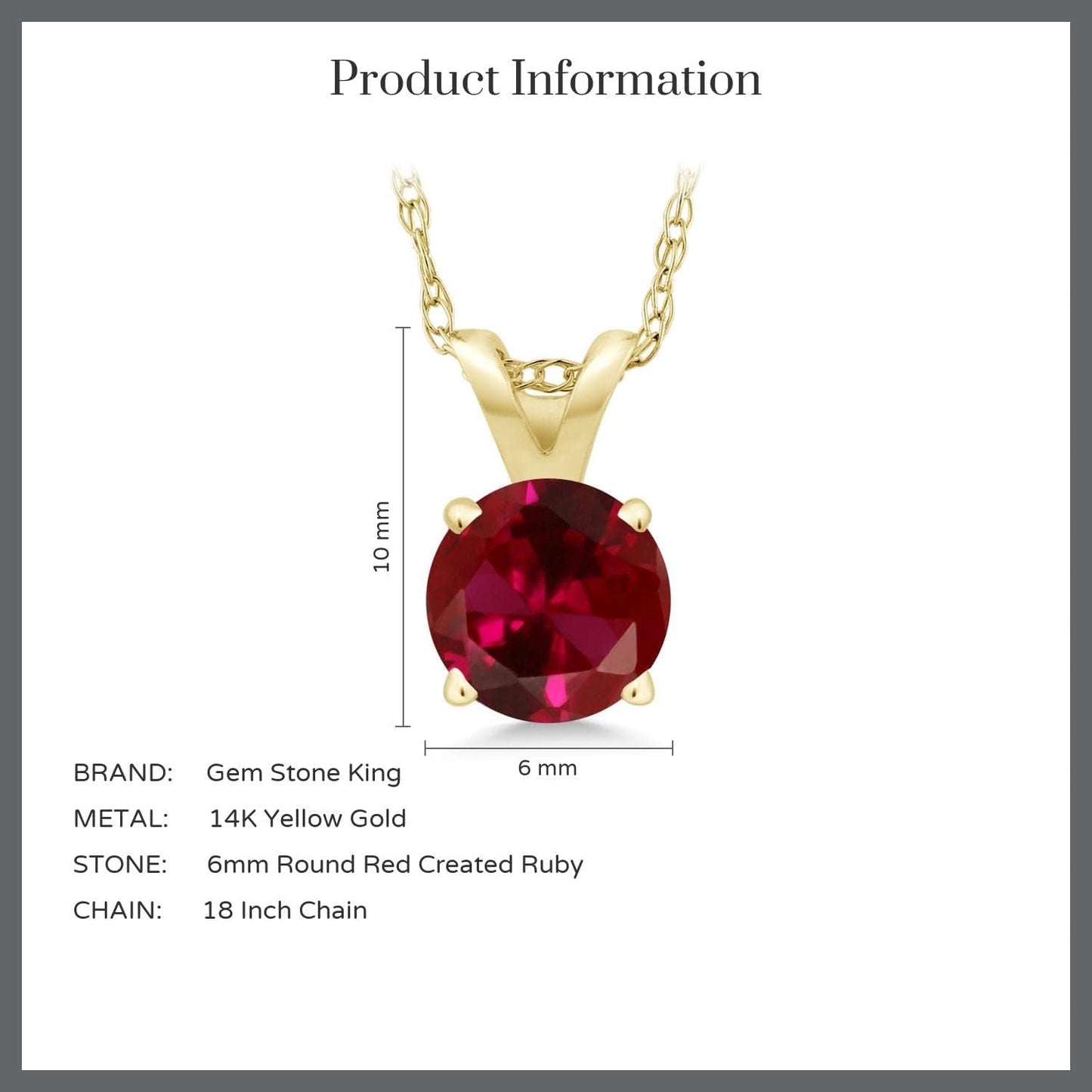 14K Yellow Gold Red Created Ruby Pendant Necklace for Women (1.00 Cttw, round with 18 Inch Chain)