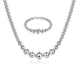 High Quality 925 Sterling Silver Fashion Elegant Smooth Bead Round Necklace Bracelet Jewelry Sets Fine Jewelry