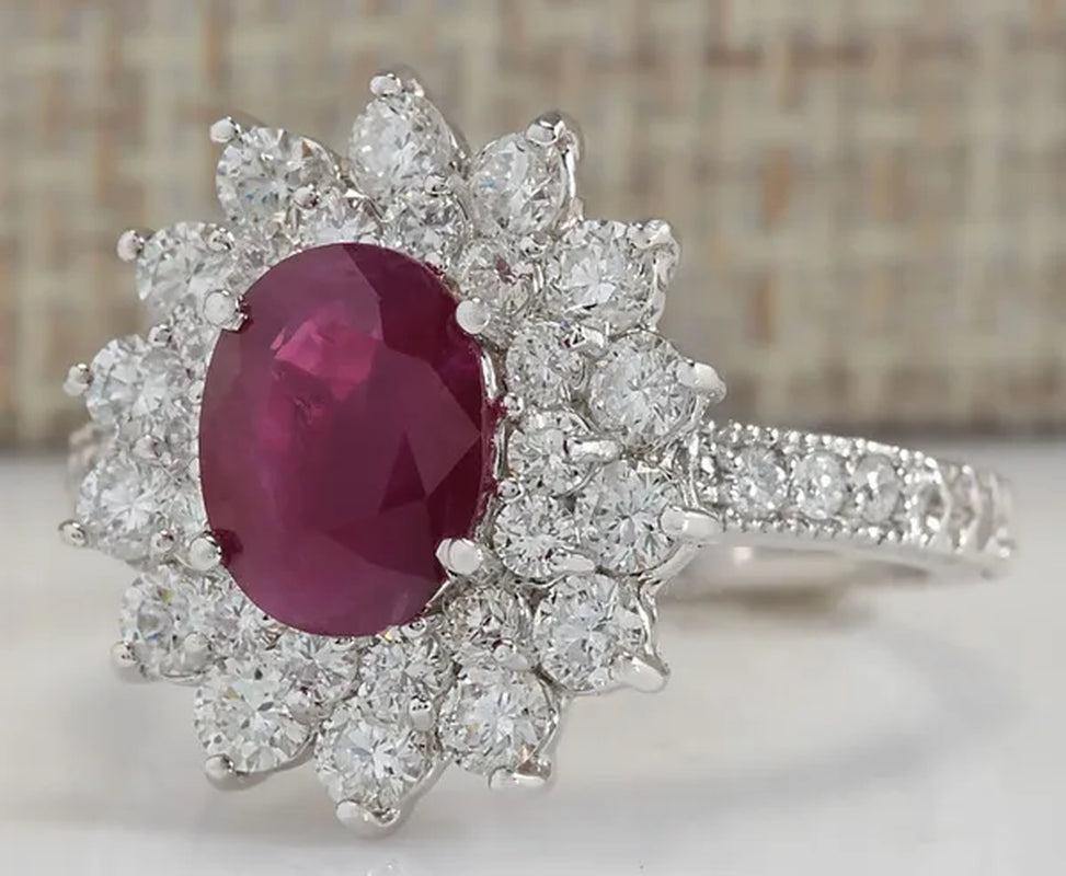 Noble Brand Jewelry Natural 5.86CT Red Ruby Gemstone 925 Sterling Silver Ring