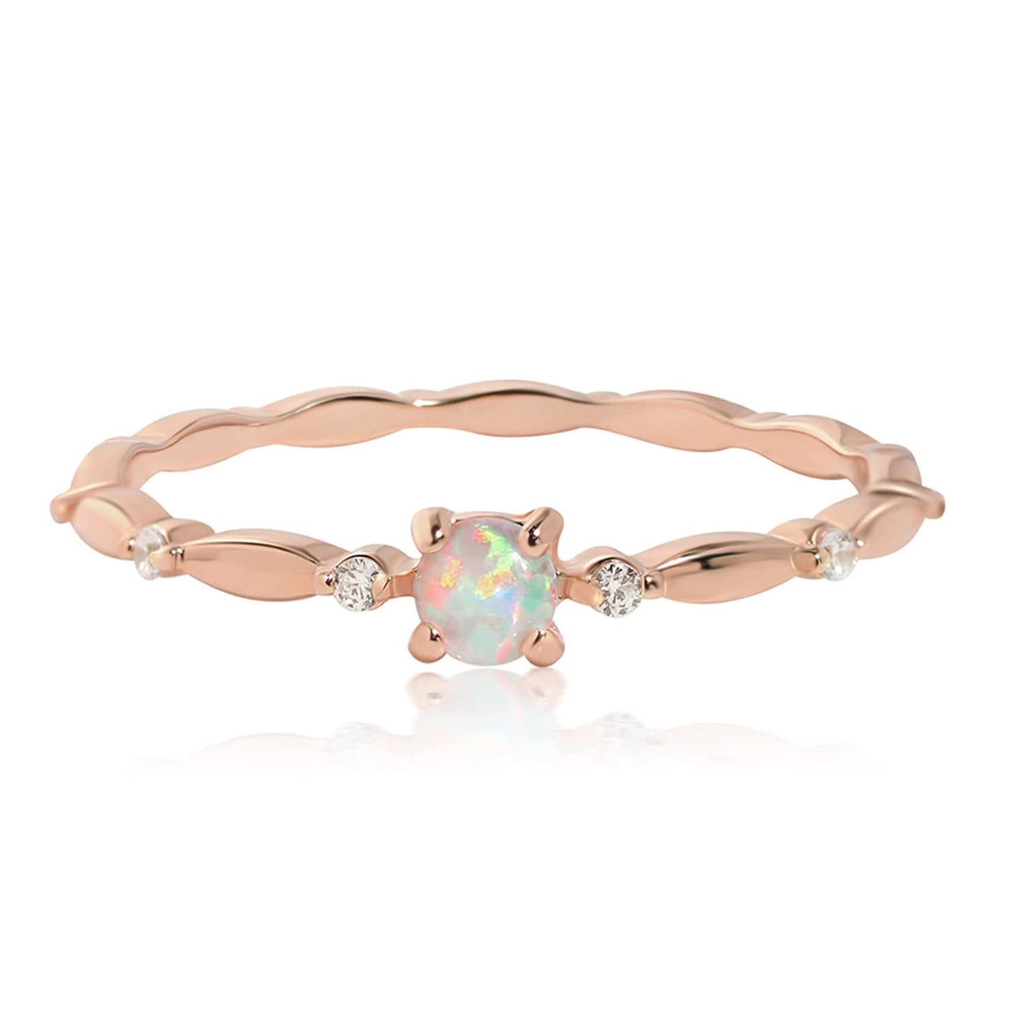 Sterling Silver Opal Ring for Women White Fire Opal October Birthstone Dainty Minimalist Stackable Ring Gold Promise Ring Size 5-9 (Rose Gold, 6.5)
