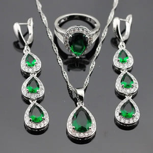 Water Drop Green Zircon White Topaz AAA Zircon 925 Silver Jewelry Sets Necklace Pendant Long Drop Earrings Ring For Women